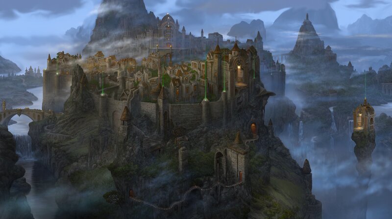 Castle on a Cliff — Blue, Dramatic, Night, Digital Art, Mountains, Fog