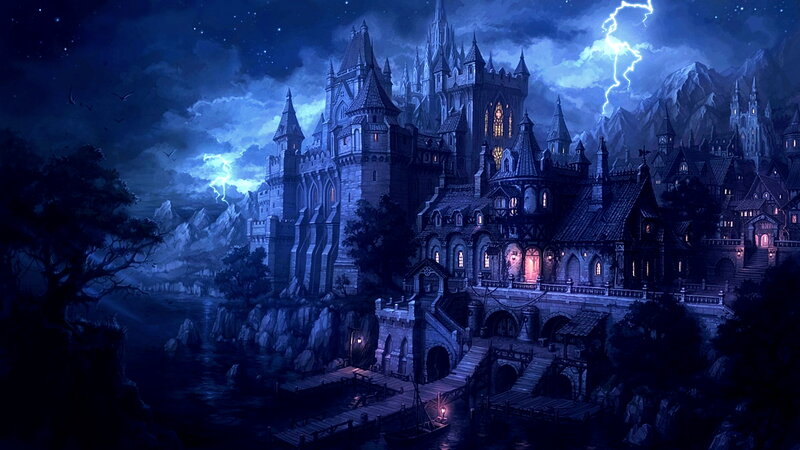 Castle on a Cliff — Blue, Dramatic, Night, Digital Art, Mountains, Lightning