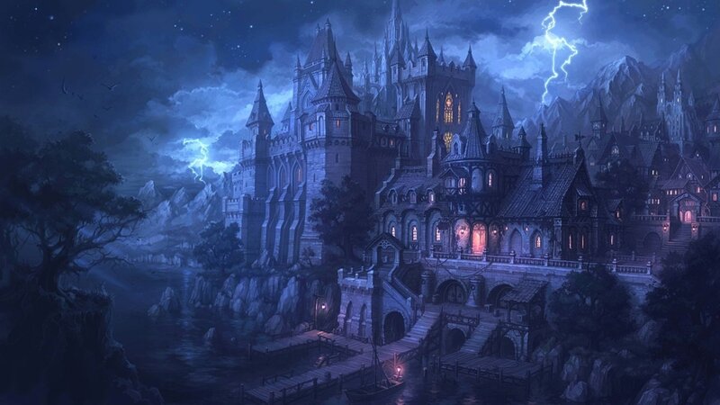 Castle on a Cliff — Blue, Dramatic, Night, Digital Art, Mountains, River
