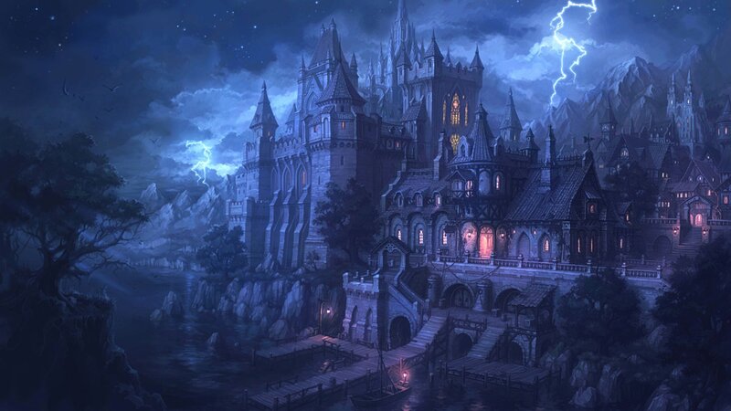 Castle on a Cliff — Blue, Dramatic, Night, Digital Art, Mountains