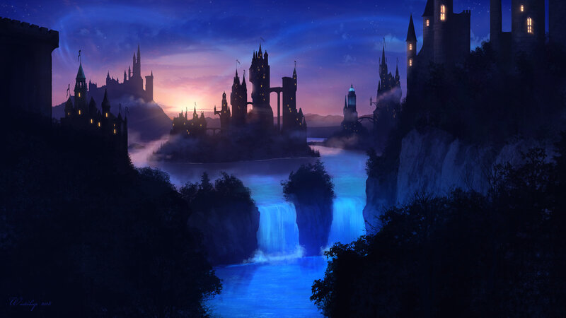 Castle on a Cliff — Blue, Dramatic, Night, Digital Art, River