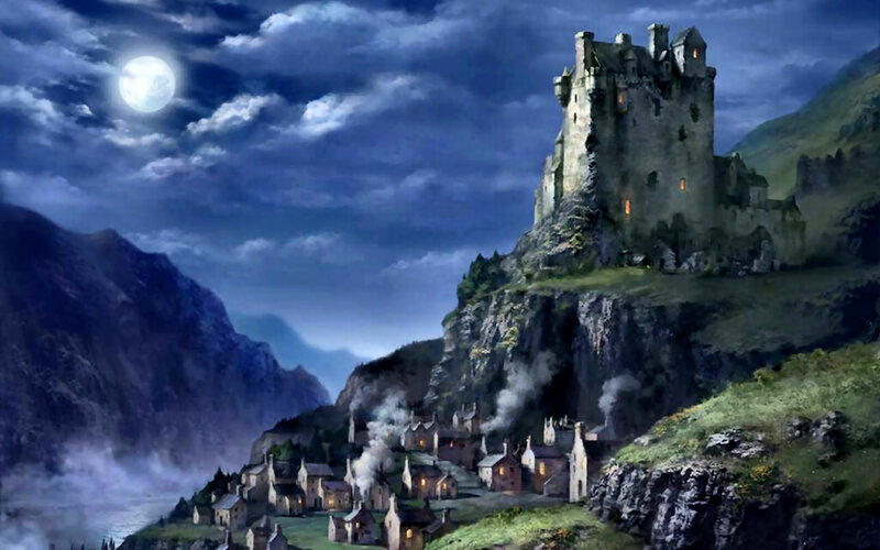 Castle on a Cliff — Blue, Dramatic, Night, Digital Art, Village