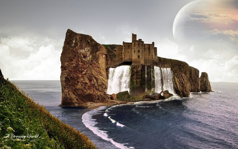 Castle on a Cliff — Blue, Dramatic, Night, Digital Art, Waterfall