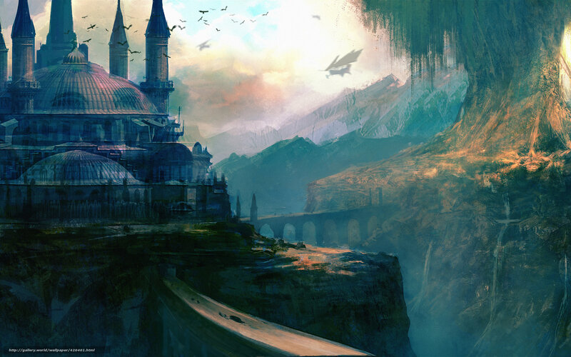 Castle on a Cliff — Blue, Dramatic, Sunset, Digital Art, Mountains