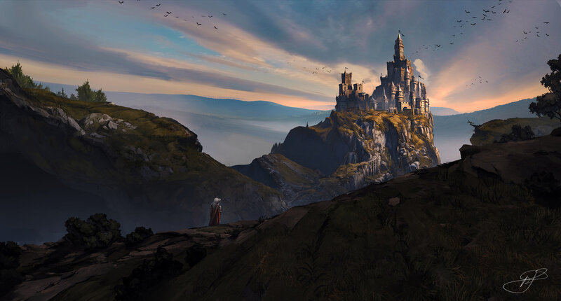 Castle on a Cliff — Blue, Dramatic, Sunset, Digital Art, Person