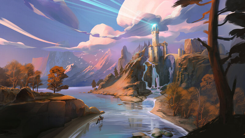 Castle on a Cliff — Blue, Dramatic, Sunset, Digital Art, River