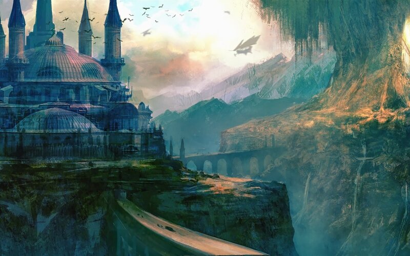 Castle on a Cliff — Blue, Dramatic, Sunset, Digital Art