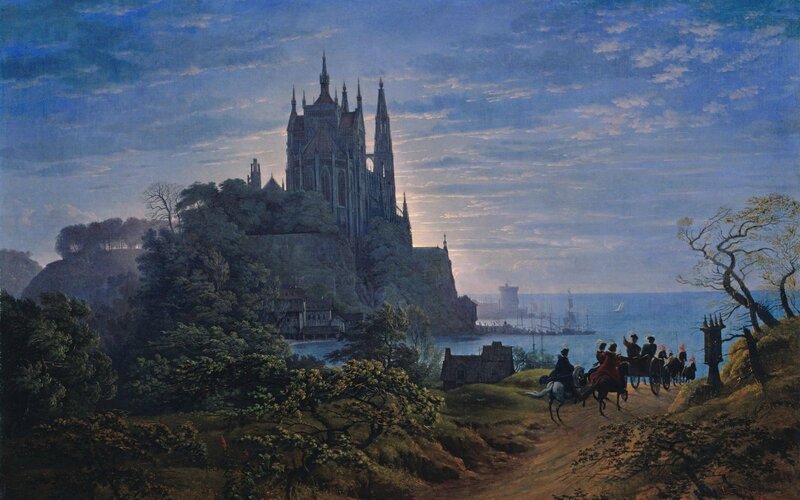 Castle on a Cliff — Blue, Dramatic, Sunset, Painting, Sea
