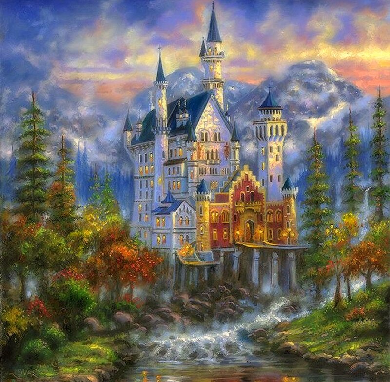 Castle on a Cliff — Blue, Dramatic, Sunset, Painting