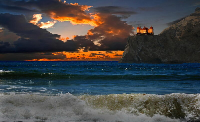 Castle on a Cliff — Blue, Dramatic, Sunset, Photograph, Ocean