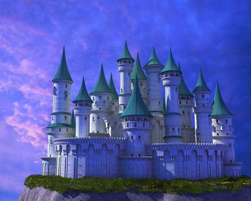 Castle on a Cliff — Blue, Fantastical, Sunset