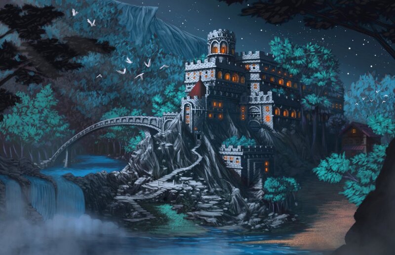 Castle on a Cliff — Blue, Mysterious, Night, Digital Art