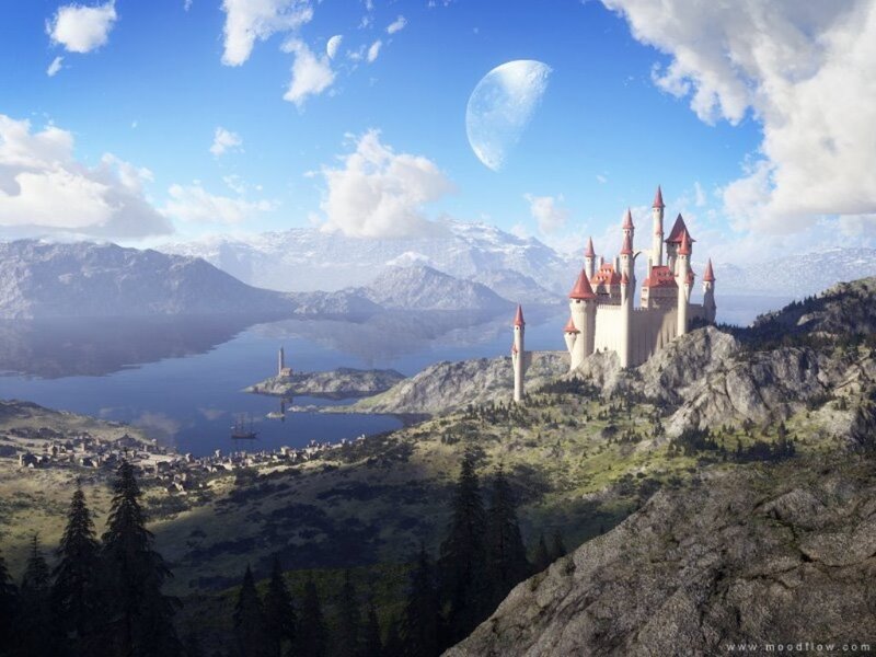 Castle on a Cliff — Blue, Serene, Afternoon, Digital Art, Mountains