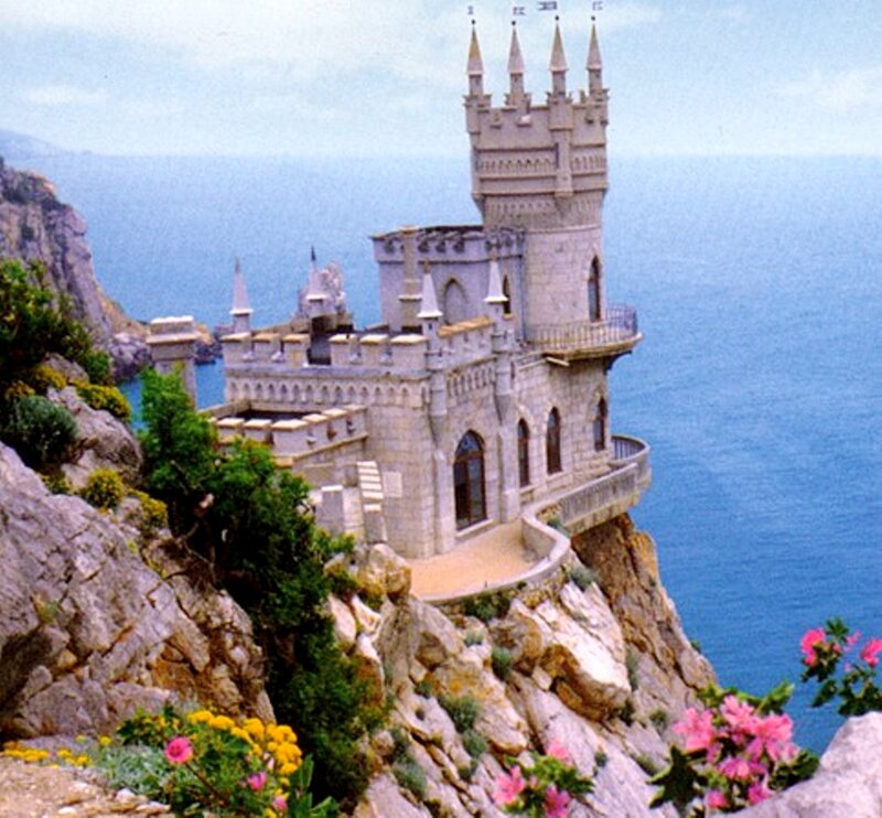 Castle on a Cliff — Blue, Serene, Afternoon, Photograph, Ocean, Flowers
