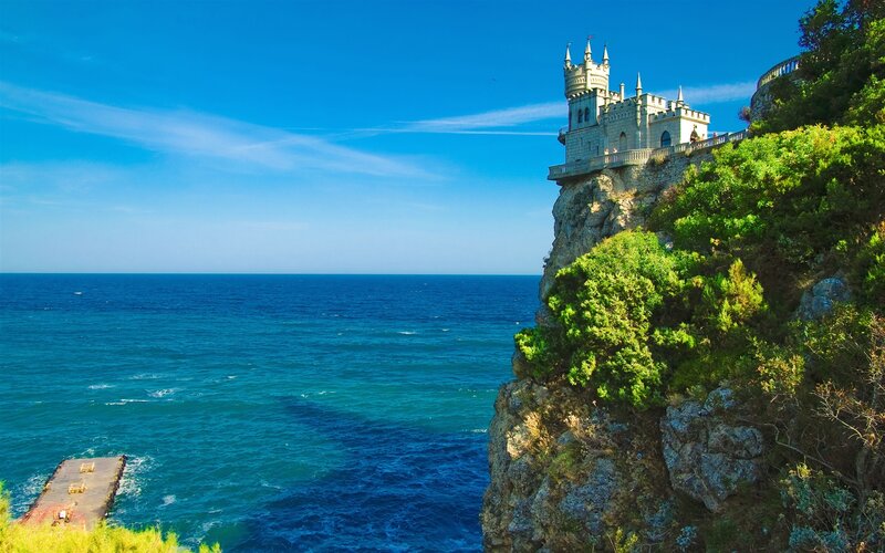 Castle on a Cliff — Blue, Serene, Afternoon, Photograph, Ocean, Sky, Trees