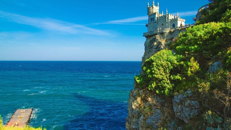 Castle on a Cliff — Blue, Serene, Afternoon, Photograph, Ocean, Trees, Green