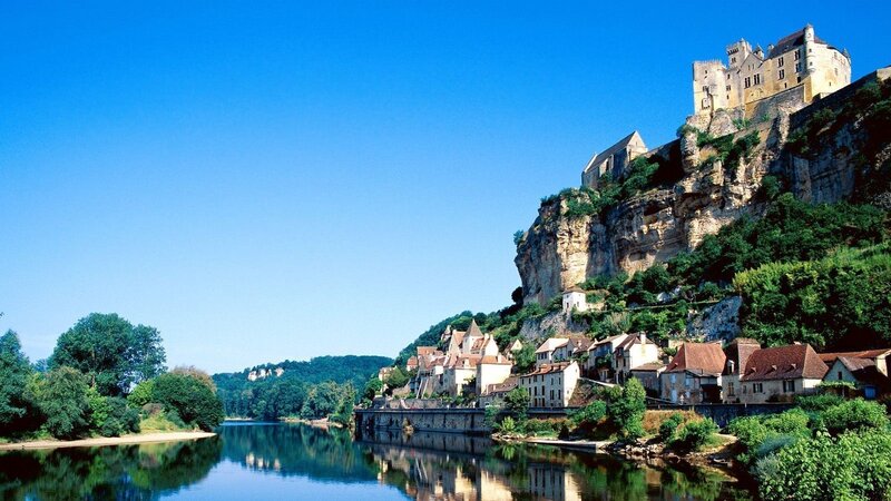 Castle on a Cliff — Blue, Serene, Afternoon, Photograph, River, Village, Trees
