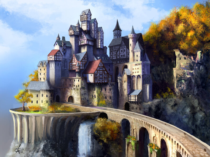 Castle on a Cliff — Blue, Serene, Autumn, Digital Art