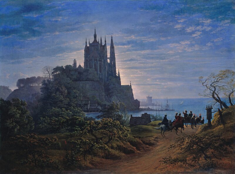 Castle on a Cliff — Blue, Serene, Sunset, Painting
