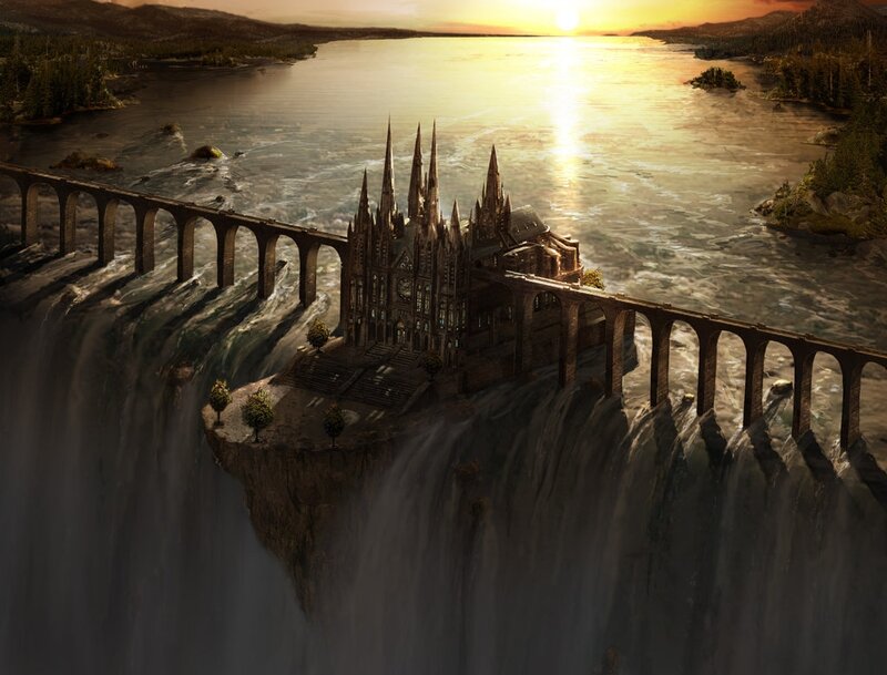Castle on a Cliff — Brown, Dramatic, Sunset, Digital Art, Bridge