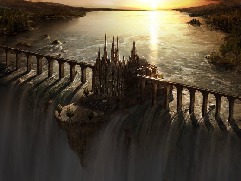 Castle on a Cliff — Brown, Dramatic, Sunset, Digital Art, Bridge, Waterfall