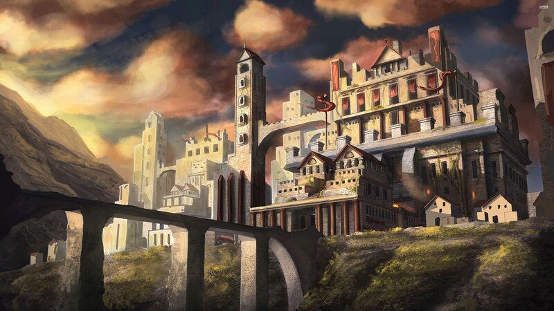 Castle on a Cliff — Brown, Dramatic, Sunset, Digital Art, Mountain