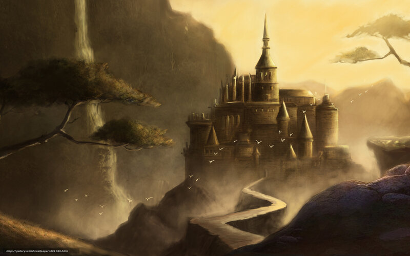 Castle on a Cliff — Brown, Dramatic, Sunset, Digital Art, Mountain, Tree
