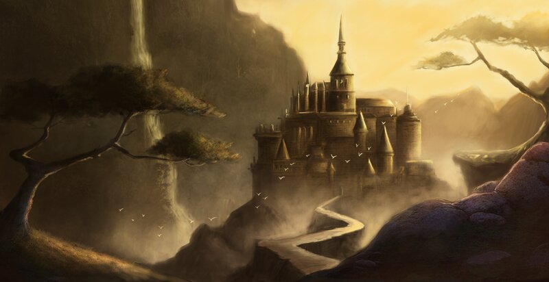 Castle on a Cliff — Brown, Dramatic, Sunset, Digital Art, Mountain, Tree, Waterfall