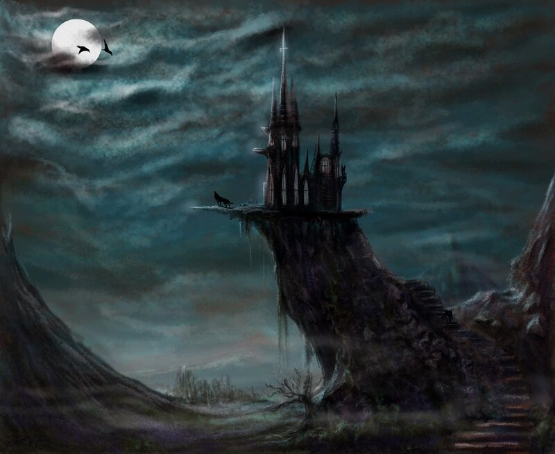 Castle on a Cliff — Dark Blue, Dramatic, Night, Digital Art, Moon, Wolf