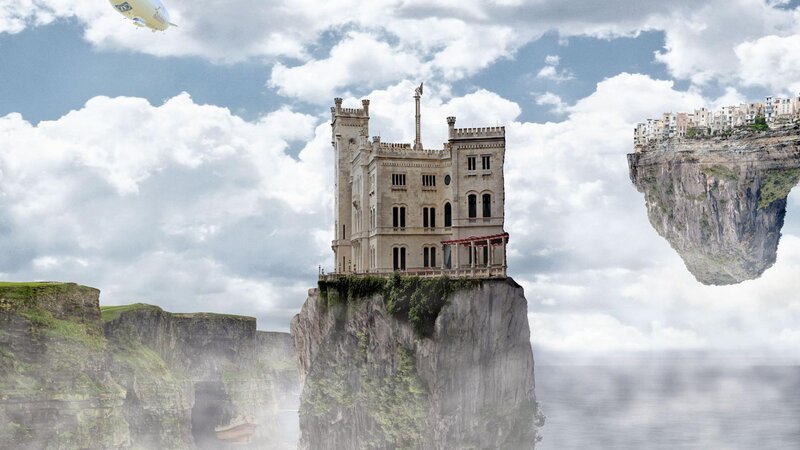 Castle on a Cliff — Gray, Dramatic, Afternoon, Digital Art, Airship