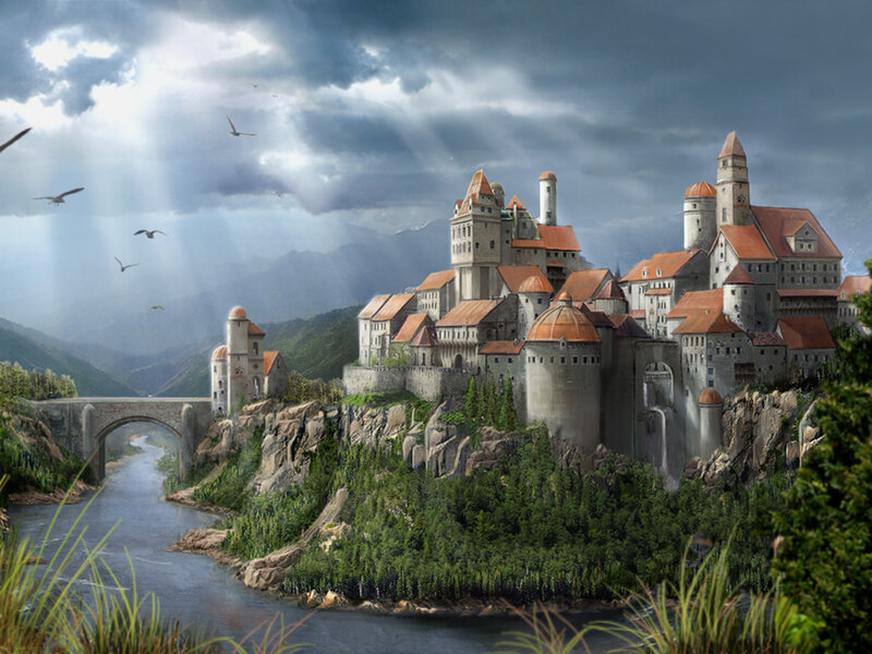 Castle on a Cliff — Gray, Dramatic, Afternoon, Digital Art, River