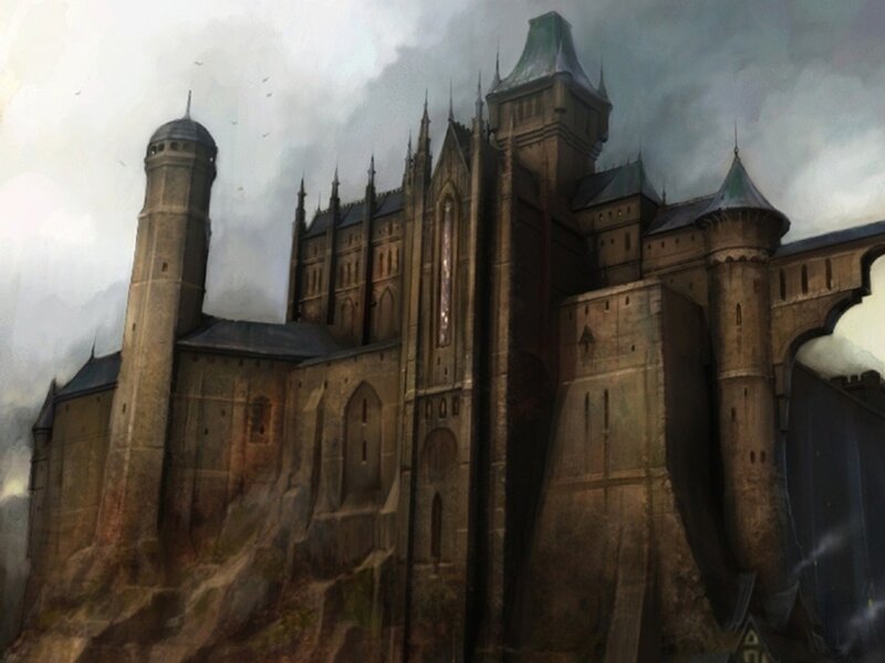 Castle on a Cliff — Gray, Dramatic, Digital Art, Clouds