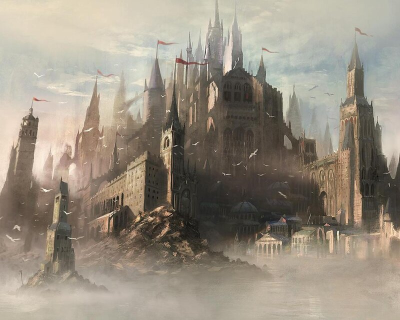Castle on a Cliff — Gray, Dramatic, Digital Art, Flags