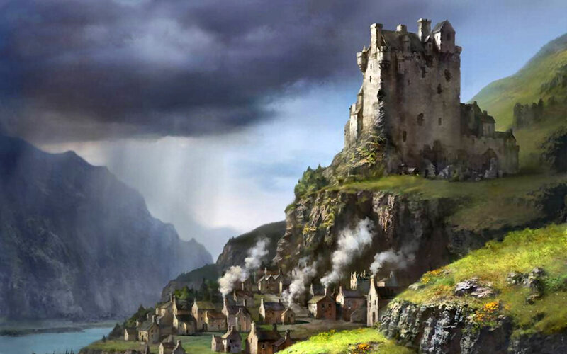 Castle on a Cliff — Gray, Dramatic, Digital Art, Village