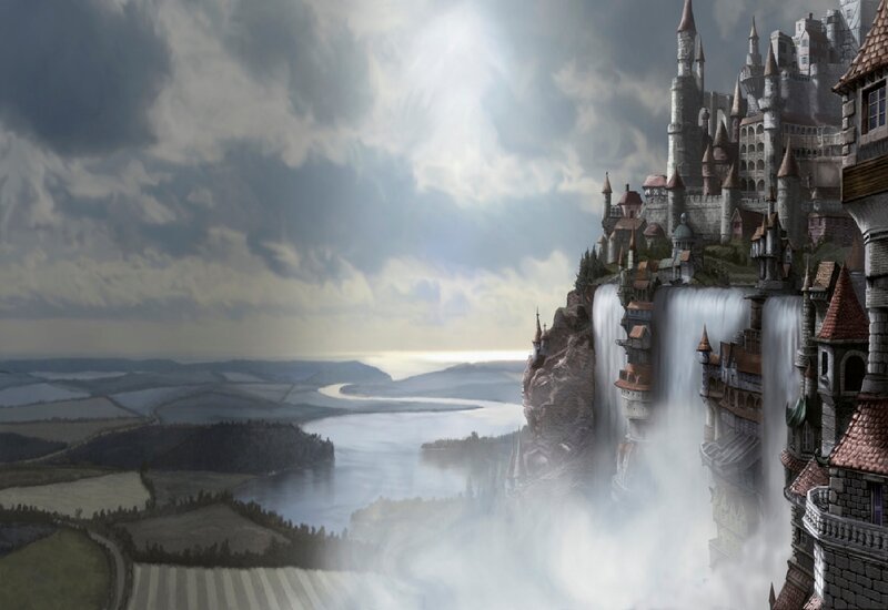 Castle on a Cliff — Gray, Dramatic, Digital Art, Waterfall, River, Clouds