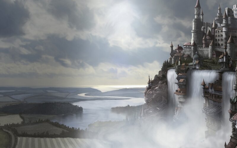 Castle on a Cliff — Gray, Dramatic, Digital Art, Waterfall, River, Clouds, White