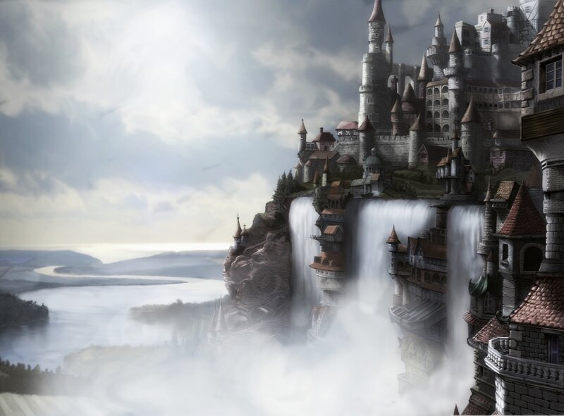 Castle on a Cliff — Gray, Dramatic, Digital Art, Waterfall, River