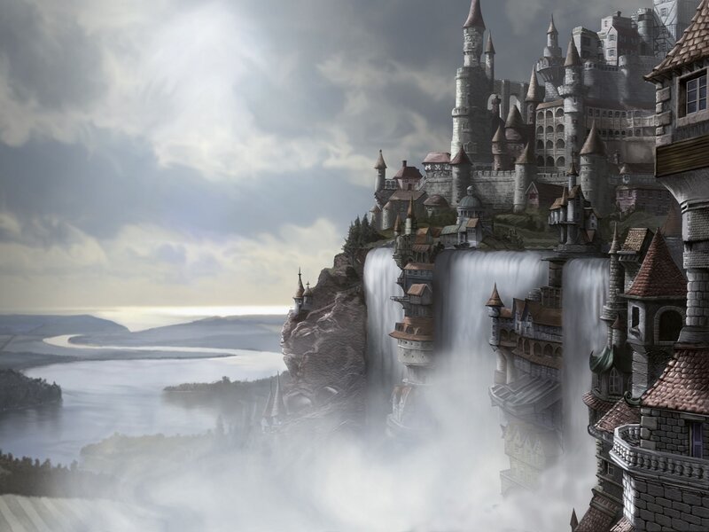 Castle on a Cliff — Gray, Dramatic, Digital Art, Waterfall