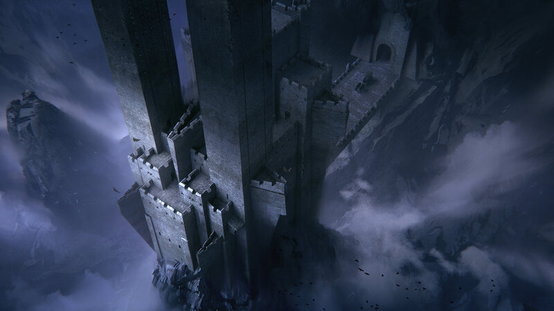 Castle on a Cliff — Gray, Dramatic, Night, Digital Art, Clouds, Birds