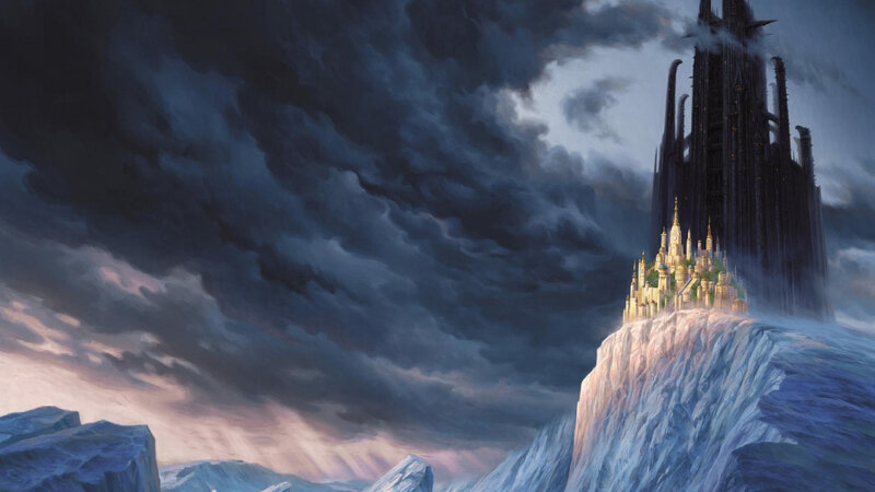 Castle on a Cliff — Gray, Dramatic, Night, Digital Art, Clouds, Mountain