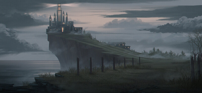 Castle on a Cliff — Gray, Dramatic, Night, Digital Art, Sea