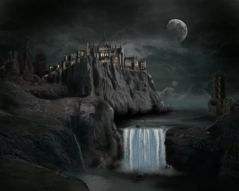 Castle on a Cliff — Gray, Dramatic, Night, Digital Art