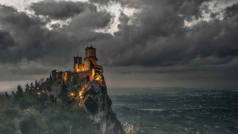 Castle on a Cliff — Gray, Dramatic, Night, Photograph