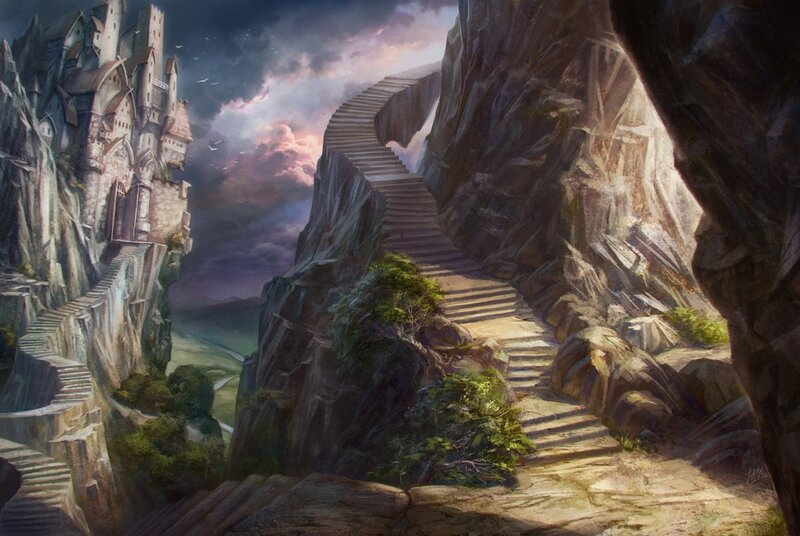 Castle on a Cliff — Gray, Dramatic, Sunset, Digital Art, Stairs, Mountain