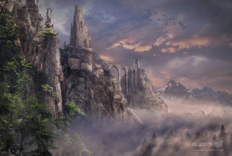 Castle on a Cliff — Gray, Dramatic, Sunset, Digital Art