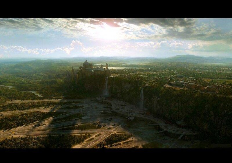 Castle on a Cliff — Green, Dramatic, Afternoon, Digital Art, Mountains, Waterfall