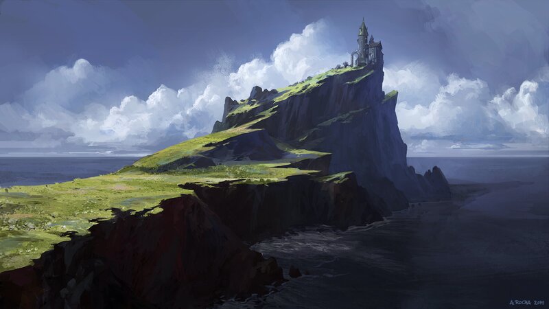 Castle on a Cliff — Green, Dramatic, Digital Art