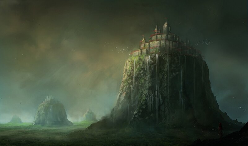 Castle on a Cliff — Green, Dramatic, Night, Digital Art, Mist