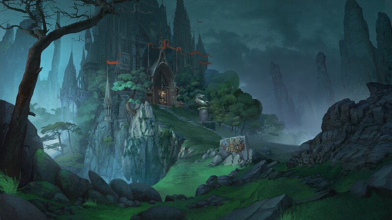 Castle on a Cliff — Green, Dramatic, Night, Digital Art, Trees