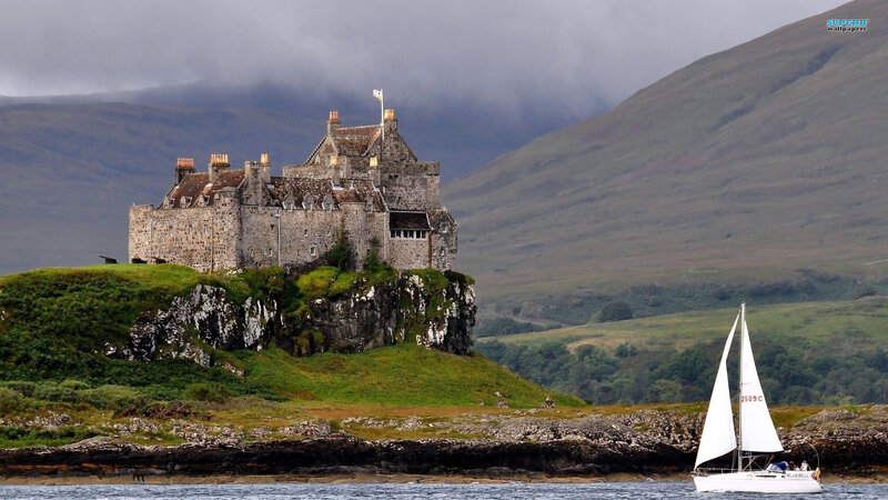 Castle on a Cliff — Green, Dramatic, Photograph, Sailboat